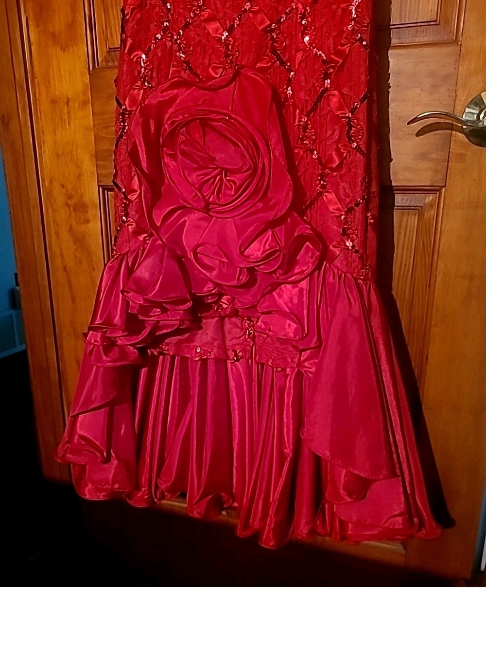 Red Ruffled Floral Appliqué Evening Gown By Dave & Johnny Size 7-8 - Picture 5 of 11